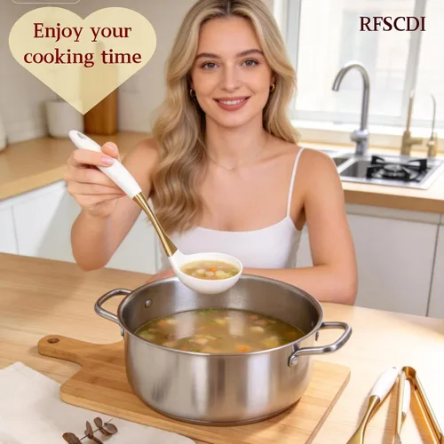 Miniatura 8 de Elegante juego de utensilios de cocina de silicona de oro blanco, no tóxicos, aptos para lavavajillas, con asas cómodas resistentes al calor