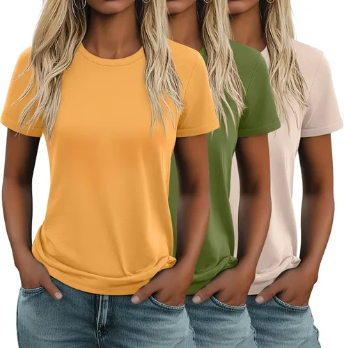 Miniatura 33 de Huukeay Paquete de 3 camisetas de algodón para mujer, estilo casual, de manga corta, cuello redondo, ajuste holgado, básica, lisa