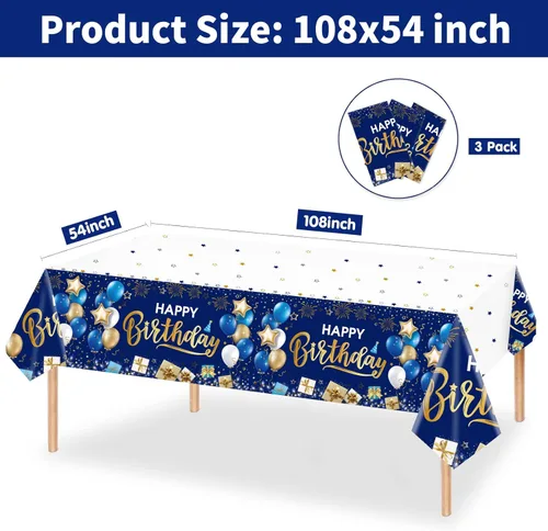 Miniatura 2 de DUAIAI Decoraciones de feliz cumpleaños, 3 manteles de cumpleaños azul marino y dorado para niños, niñas, hombres y mujeres, funda de mesa