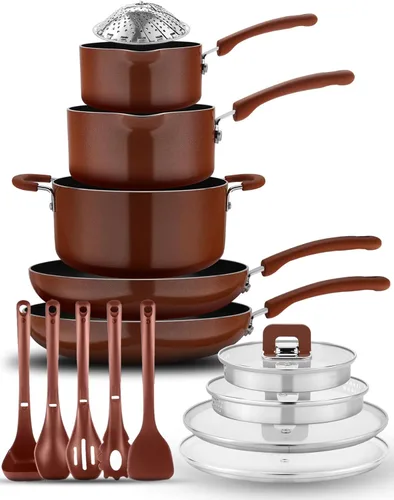 Miniatura 7 de NutriChef Juego de 17 piezas de ollas y sartenes negras apilables, utensilios de cocina antiadherentes de inducción, ahorro de espacio, fácil