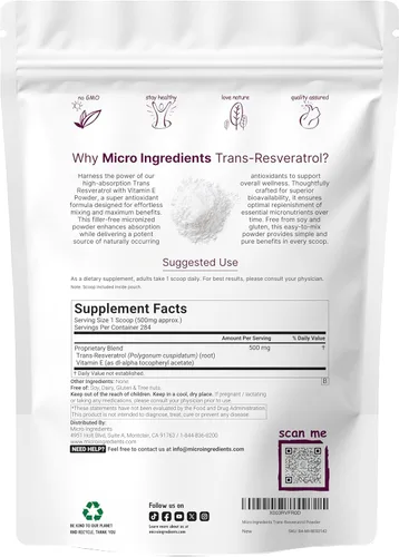 Miniatura 2 de Polvo puro de trans-resveratrol con vitamina E, 5 onzas, fórmula 2 en 1, polvo micronizado para una mejor absorción, suplemento de resveratrol