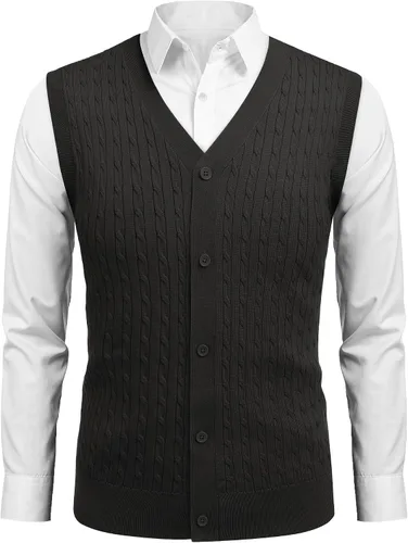 Miniatura 3 de COOFANDY Chaleco sin mangas para hombre con cuello en V, casual, tejido de cable con botones, cárdigan
