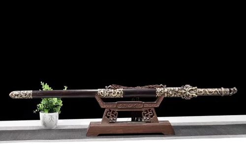 Miniatura 4 de Espadas chinas, Espada Rey Dragón Real, Hojas de acero de Damasco forjado, accesorios de latón, vaina de ébano, negro