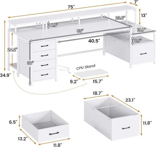 Miniatura 2 de SEDETA Escritorio blanco para computadora con 5 cajones y toma de corriente, escritorio de oficina en casa de 75 pulgadas con cajón de archivos