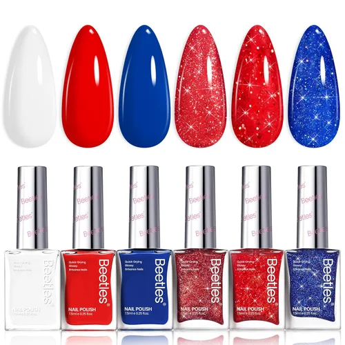 Miniatura 16 de Beetles - Esmalte de uñas rojo: juego de 6 esmaltes de uñas con brillantina, color rojo burdeos brillante, de secado rápido y de larga duración