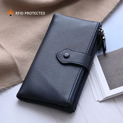 Miniatura 4 de Bveyzi Carteras delgadas de cuero suave para mujer, con bloqueo RFID, doble bolsillo con cremallera