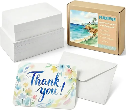 50 juegos de papel de acuarela, tarjetas de acuarela de 4 x 6 pulgadas con sobres, papel de color de agua de 140 libras/10.58 oz/m², suministros de