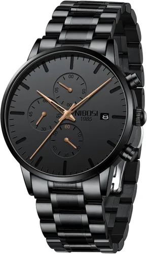 NIBOSI Relojes analógicos minimalistas con esfera negra para hombre, cronógrafo de negocios, militar, casual, correa de acero inoxidable, fecha