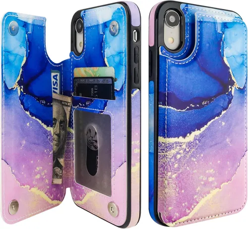 Miniatura 13 de HAOPINSH Funda tipo cartera para iPhone XR con tarjetero, diseño de mármol rosa y azul en la parte trasera, de piel sintética, con ranuras