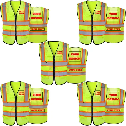 Chaleco de seguridad reflectante de malla con logotipo personalizado Clase 2 con 5 bolsillos y cremallera Amarillo-5pack