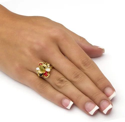 Miniatura 3 de Anillo chapado en oro amarillo con piedras preciosas auténticas y crytal tamaños 5-10, Coral, Ópalo Ojo de tigre Jade