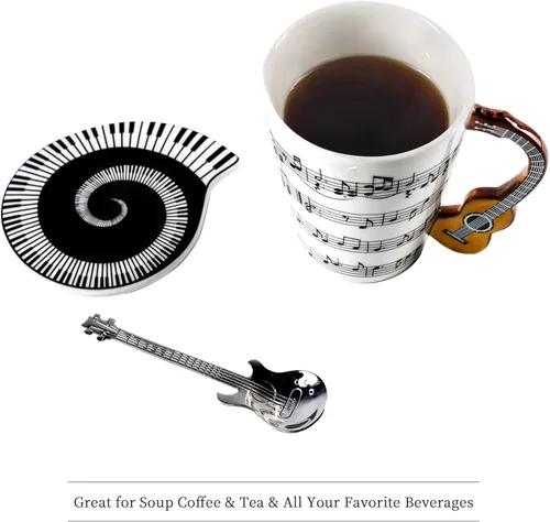 Miniatura 6 de Taza de Novedad de Guitarra Única Regalo Musical Taza de Café con Interesante Tapa Temática de Música y Diseño de Mango de Guitarra y Cuchara