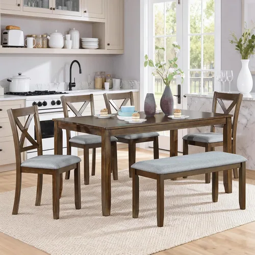 Miniatura 11 de Elegante juego de mesa de comedor de madera de 6 piezas con 4 sillas de respaldo de listones y un banco, juego de mesa de comedor de cocina para 6