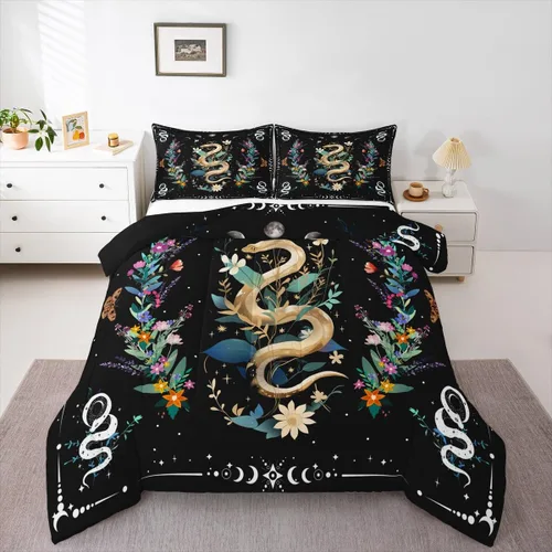 Miniatura 46 de Castle Fairy Juego de edredón con diseño de gato lindo para niños, tamaño twin, juego de ropa de cama con hojas de flores, luna, noche y cielo