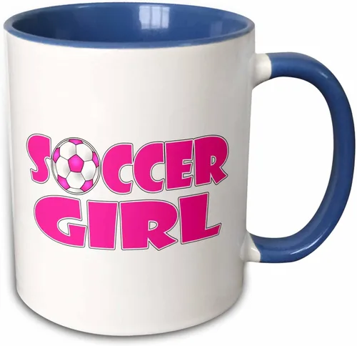 3dRose Soccer Girl Pink and White 11oz Two-Tone Blue Mug