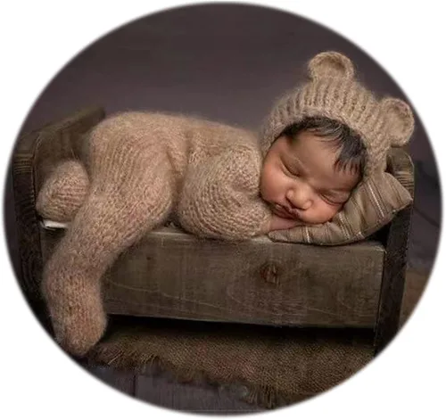 Miniatura 11 de Zeroest Conjunto de punto de ganchillo para sesión de fotos para niño recién nacido, gorro de oso con pies, mameluco con pies, para fotografía
