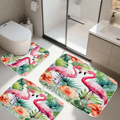 Miniatura 9 de TheBlackSpot Juego de 3 alfombras de baño rústicas de primavera de granja, diseño botánico de pájaros, tapete de baño de espuma viscoelástica