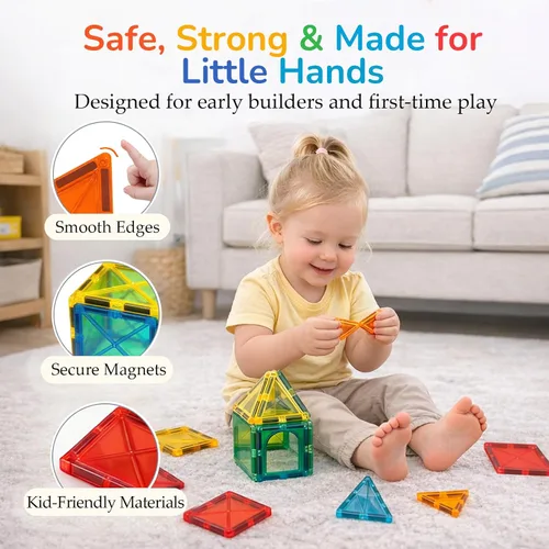 Miniatura 2 de LATI Juego de iniciación de azulejos magnéticos para niños, bloques de construcción magnéticos para principiantes para aprendizaje temprano, 2D