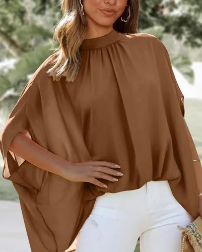 Miniatura 162 de BTFBM Blusas de verano para mujer, cuello alto falso, manga murciélago, holgadas, dobladillo alto y bajo, blusas informales de gran