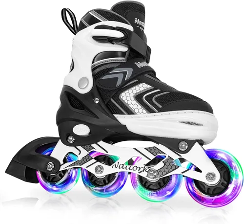 Patines en línea NATTORK para niños, niñas y niños con ruedas completamente iluminadas, patines ajustables seguros y duraderos, patines para Negro