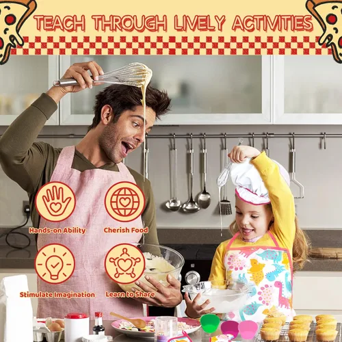 Miniatura 4 de KAEGREEL Juego de 26 piezas para hornear para niños con delantal de dinosaurio y sombrero de cocinero, juguetes de juego de rol, juguetes de cocina