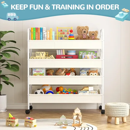 Miniatura 3 de Organizador de almacenamiento de juguetes para niños con 4 estantes y ruedas, estante de almacenamiento de juguetes de gran tamaño blanco para niños