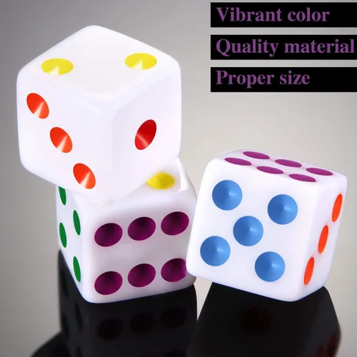 Miniatura 3 de Gejoy Juego de 50 dados de seis caras de 0.632 pulgadas (0.630 in), color blanco con puntas multicolores, juego de dados de esquina cuadrada