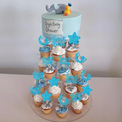 Miniatura 8 de Gyufise 24 piezas de adornos azules para cupcakes para bebé, con purpurina azul, estrellas, luna, dulce baby shower, niño, cupcakes para baby