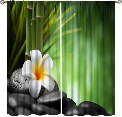 Miniatura 14 de Cortinas con estampado de bambú verde natural, plantas asiáticas, japonesas, tallos rústicos, hojas, cortina de selva con bolsillo para cortinero