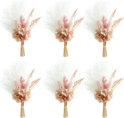 Miniatura 15 de Mini ramo de flores secas (paquete de 6), ramo de flores secas para centros de mesa de boda bohemia, hierba de pampas seca. (Blush)