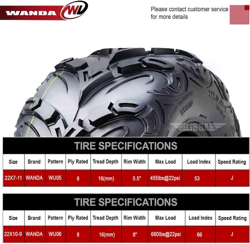 Miniatura 3 de WANDA Neumáticos ATV Premium de 8 capas 22x7-11 22x10-9 para lodo compatibles con Honda Recon 250 Suzuki Ozark 250