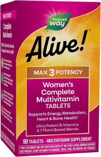 Nature's Way ¡Alive! Max3 Potency Multivitamínico completo para mujer, apoya el metabolismo energético, la salud del corazón y los huesos*, con