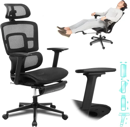 Miniatura 8 de Silla de oficina ergonómica grande y alta con reposapiés, reposabrazos ajustables en 5D, soporte lumbar, silla giratoria reclinable de malla