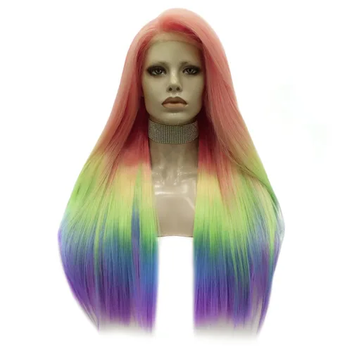 Miniatura 4 de IMSTYLE Pelucas sintéticas rectas con encaje frontal de colores arcoíris de 26 pulgadas, línea de cabello natural para Halloween, cosplay, fiesta