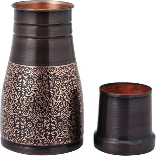 Miniatura 2 de Jarra de noche de cobre puro para beneficios de salud ayurveda, capacidad - 1 litro (33.81 onzas líquidas de EE. UU.) (patrón floral)