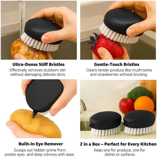 Miniatura 3 de Paquete de 2 cepillos para patatas, limpiador de verduras negras para verduras de raíz, limpiador de productos de doble cerdas con agarre Paquete