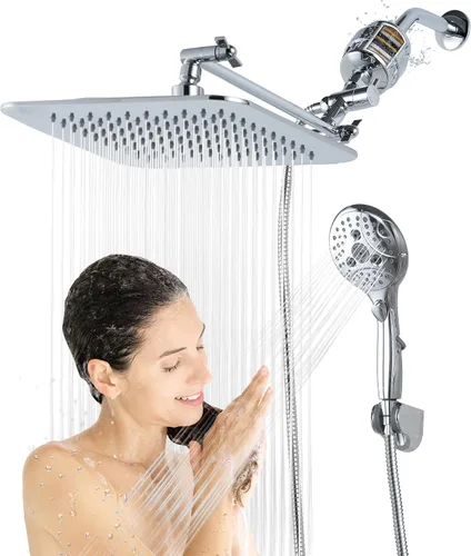 Miniatura 9 de Cabezal de ducha filtrado doble de 20 etapas de 10 pulgadas con mango, 6 configuraciones de rociado, cabezal de ducha de mano de alta presión, combo