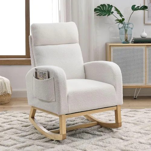 Miniatura 3 de Mecedora para guardería con patas de madera maciza, silla deslizante para guardería con dos bolsillos laterales, sillón mecedor para sala de estar
