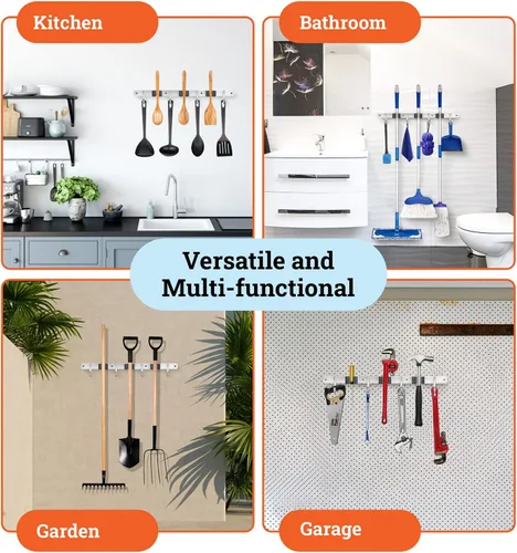 Miniatura 4 de Homely Center Soporte de pared para fregona y escoba, organizador de armario resistente para garaje, cocina, organización de lavandería, colgador