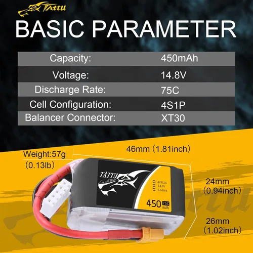 Miniatura 2 de TATTU Batería LiPo de 14.8V 450mAh 75C 4S con enchufe XT30 para multirotor FPV 150