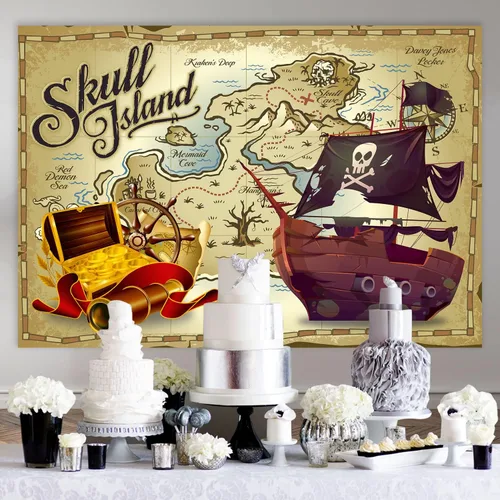 Miniatura 5 de KUBZT537 - Telón de fondo de fiesta pirata de 7 x 5 pies, fondo de mapa del tesoro pirata, suministros de cumpleaños para niños, decoración de baby