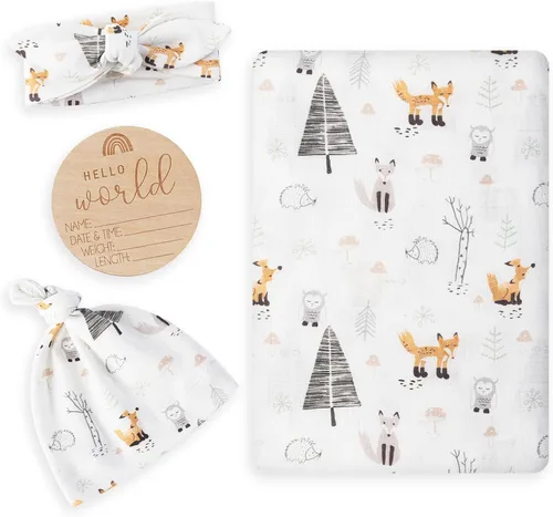 Miniatura 13 de BabyWhale Manta de muselina para envolver con sombrero y vincha con moño, juego de manta con estampado de animales para bebés niños y niñas, manta