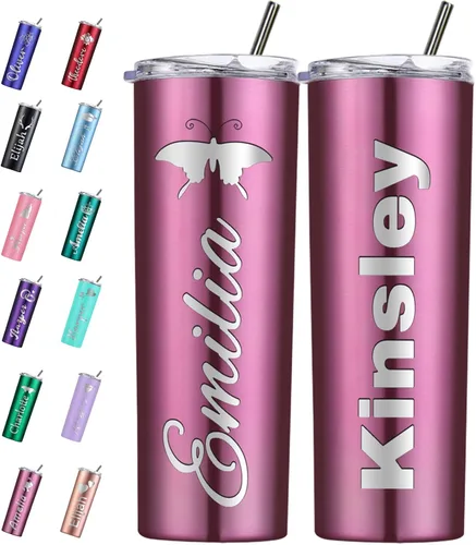Miniatura 19 de Vaso personalizado personalizado con nombre grabado y logotipo, vasos delgados personalizados con tapa y pajita, vaso aislado de acero inoxidable