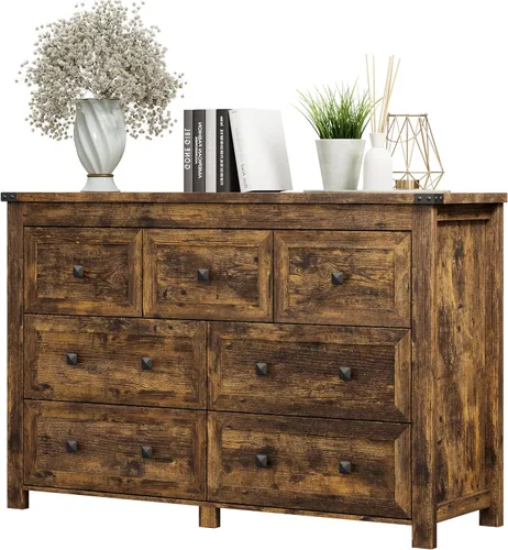 Miniatura 21 de Cómoda para dormitorio con 6 cajones, cómoda de madera de granja, soporte de TV ancho con mango de metal, organizador de ropa moderno para pasillo