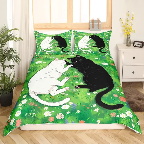 Miniatura 3 de Funda de edredón de gatos negros y blancos, juego de ropa de cama verde para niños, bonita funda de edredón de gatos para decoración de habitación
