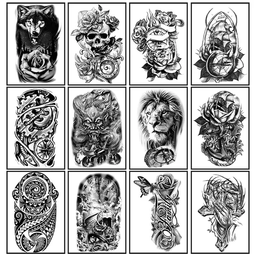 Miniatura 2 de Yazhiji 36 hojas de calcomanías temporales de tatuajes, 12 hojas de tatuajes falsos para hombres o mujeres, con 24 hojas, color negro pequeño Lobo