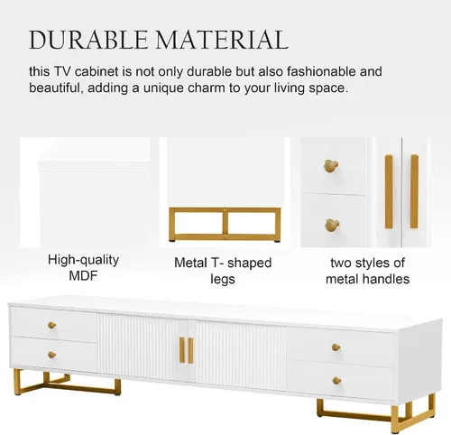 Miniatura 4 de BROVAVE 71" Wave Groove TV Stand, Entertainment Center with Metal Handles, TV Media Console with Cable Storage Hole for Living Room, White Negro