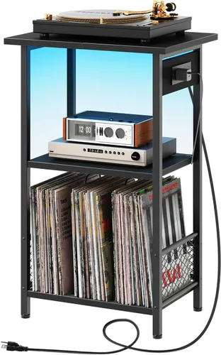 HOOBRO Soporte para tocadiscos con estación de carga y LED, soporte para tocadiscos con almacenamiento, mesa auxiliar de 3 niveles con capacidad