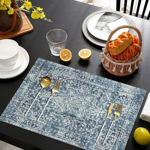 Miniatura 2 de Juego de 4 manteles individuales color azul bohemio para interiores, tela de lino étnica, lavables, resistentes al calor, para mesas de cocina