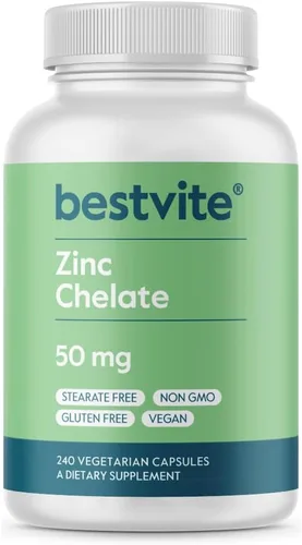 BESTVITE Quelato de zinc 50 mg (240 cápsulas vegetarianas) - Sin estearatos - Sin fosfato dicálcico - Vegano - Sin OMG - Sin gluten